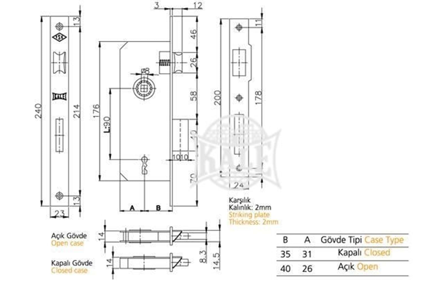 Kale Kilit 151R 40 mm Ekstra Gömme Kapı Kilidi Tek Anahtarlı Nikel