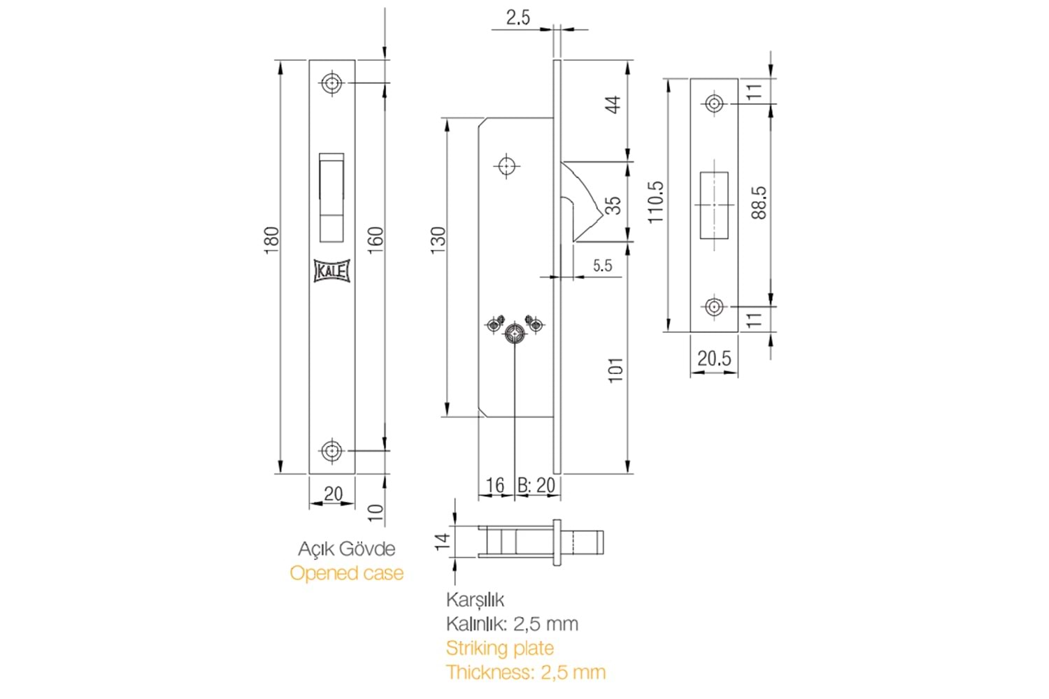 Kale Kilit 201F - Sürme Kapı Kilidi Prazis 3 Anahtarlı Nikel 20 MM