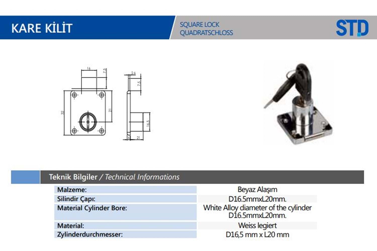 Çekmece Kilidi Kare