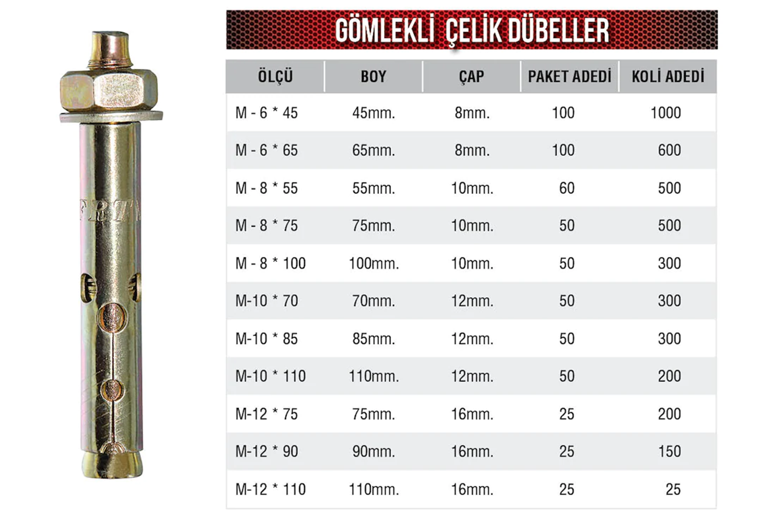 Çelik Dübel Gömlekli M 12 X 90 MM
