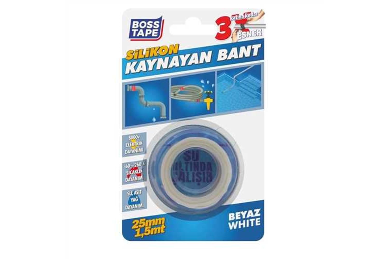 Boss Tape Silikonlu Kaynayan Bant Beyaz 25 mm x 1,5 mt BT-02013