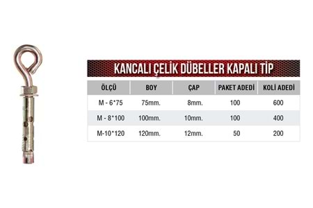 Çelik Dübel Kapalı Uçlu Kanca M6 (6mm x 75mm)