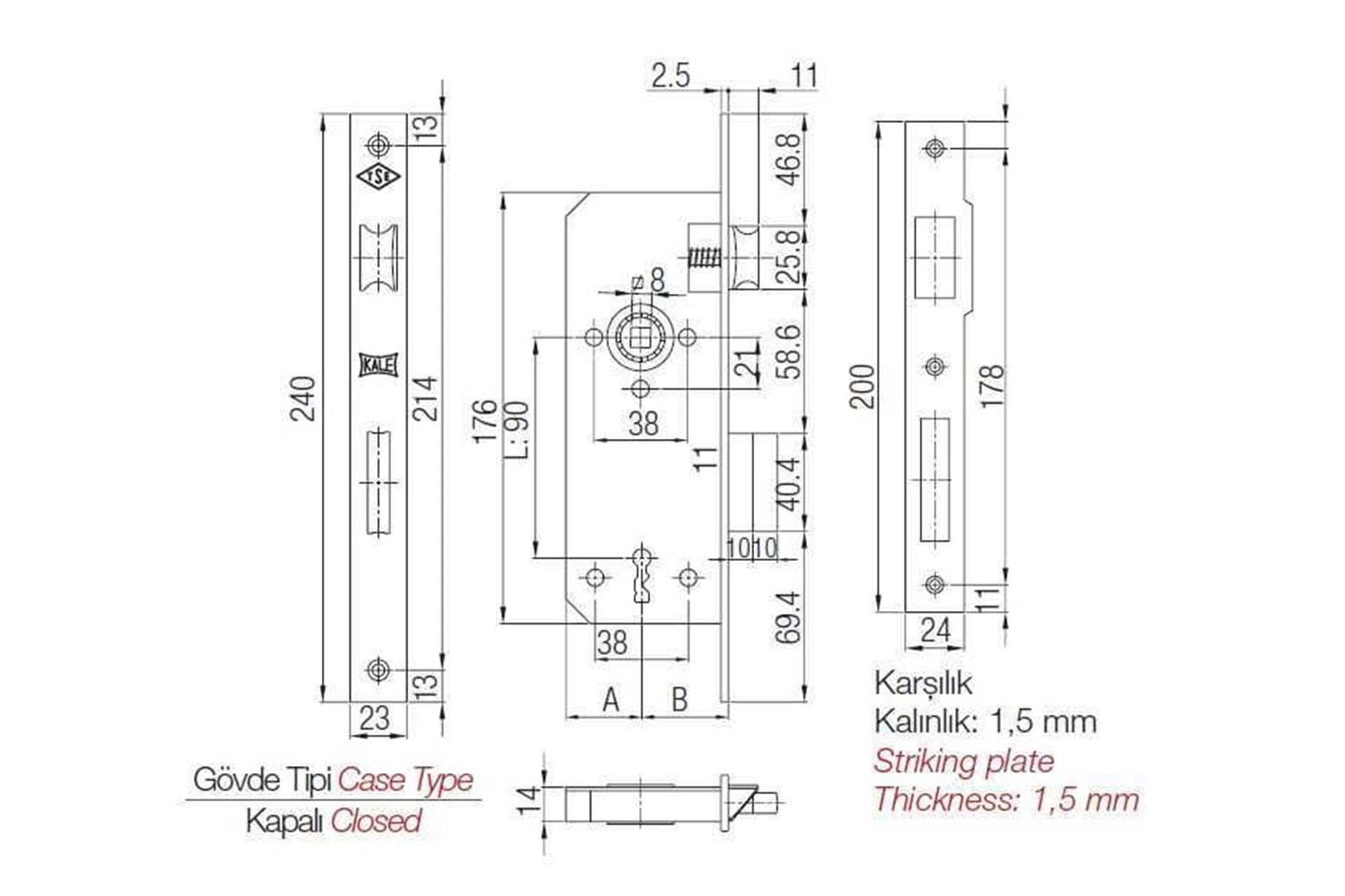 Kale Kilit 151 Gömme Kapı Kilidi Tek Anahtarlı Nikel 40 mm