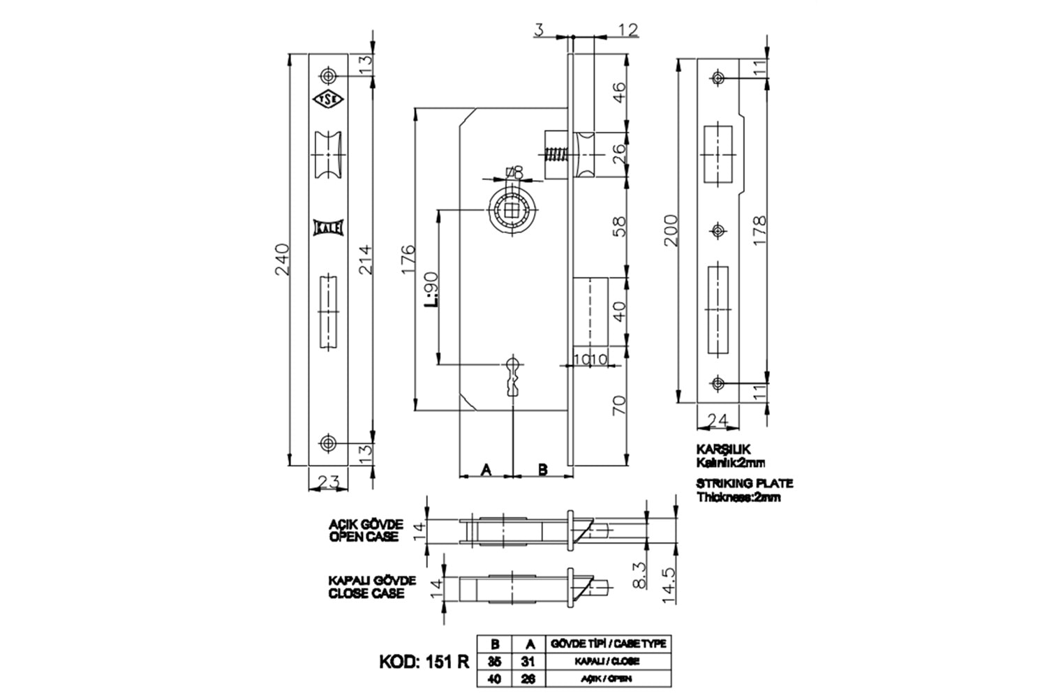 Kale Kilit 151R 35 mm Ekstra Gömme Kapı Kilidi Tek Anahtarlı Nikel