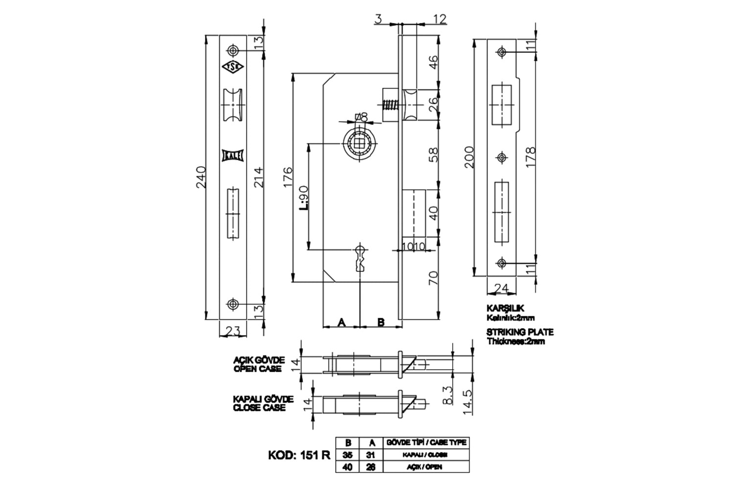 Kale Kilit 151R 40 mm Ekstra Gömme Kapı Kilidi Tek Anahtarlı Oval Nikel
