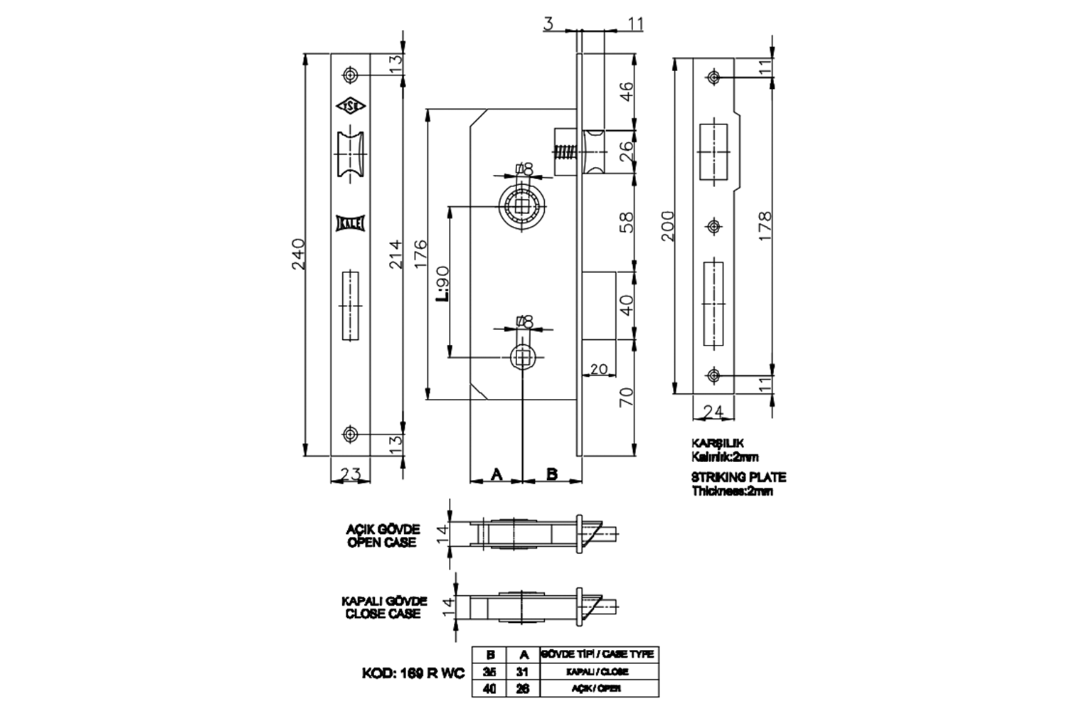 Kale Kilit 169R Banyo - WC Kilidi 35 mm Nikel