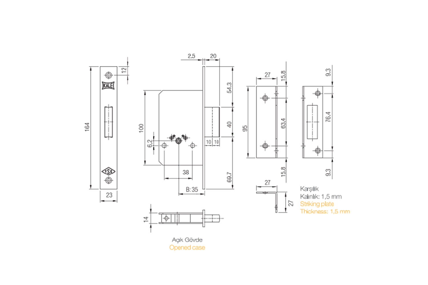 Kale Kilit 157F-35 mm Prazis Silindirli Emniyet Kilidi 2 Turlu 3 Anahtarlı Nikel