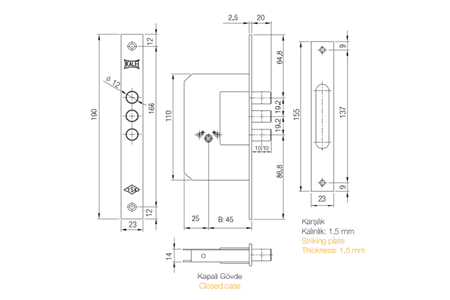 Kale Kilit 189-3MF Prazis Silindirli Emniyet Kilidi 3 Milli 3 Anahtarlı Nikel 45 mm