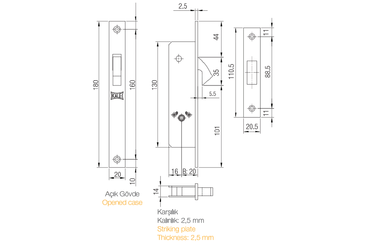 Kale Kilit 201F - Sürme Kapı Kilidi Prazis 3 Anahtarlı Nikel 20 MM