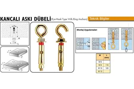 Çelik Dübel Açık Kancalı M 6 x 90